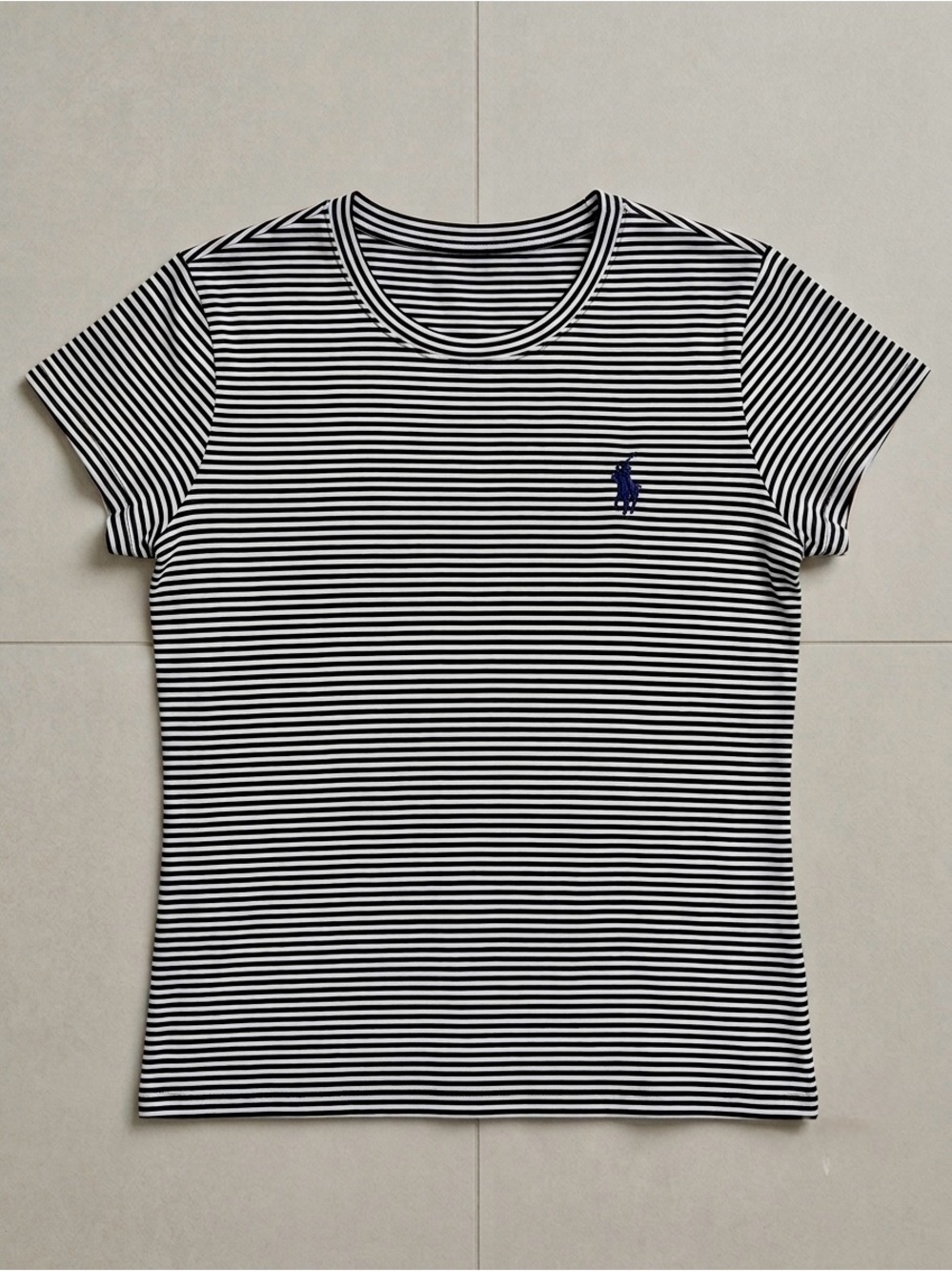 Ralph Lauren Women’s XL Black White Striped T-Shirt Blue Pony EUC
